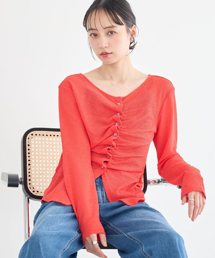 earth music&ecology「シアーワッフルタックボタントップス」|カーディガン|Red