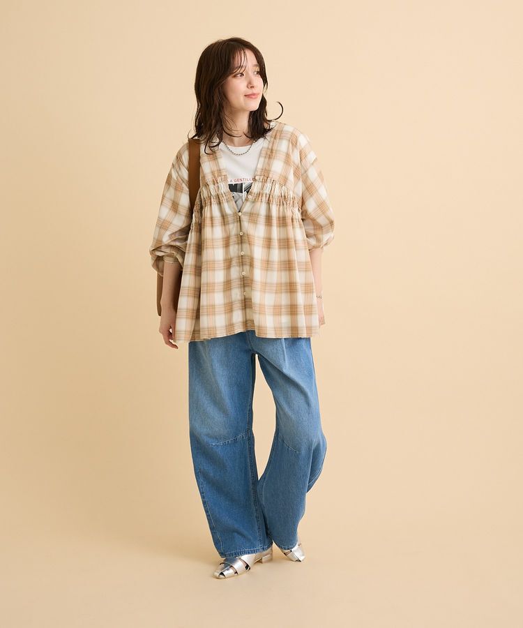 Green Parks「【しゃれシャツ】イージーケアVネックチェックブラウス」|シャツ・ブラウス|