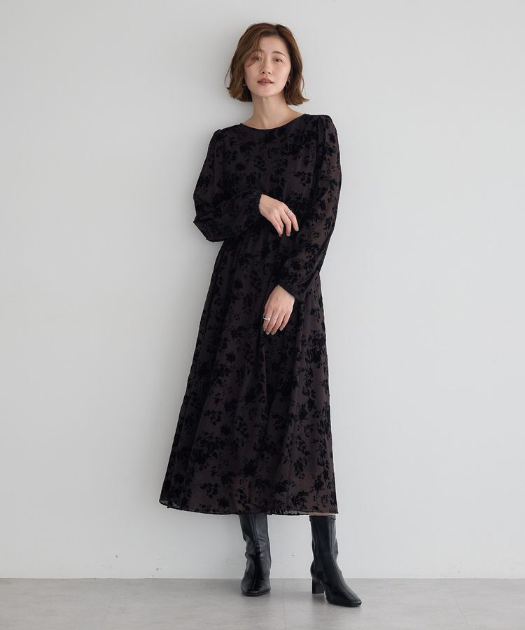 YECCA VECCA「ボタニカル柄フロッキープリントワンピース」|ワンピース|Charcoal Gray