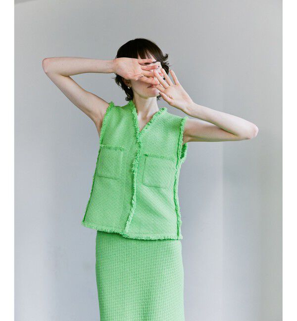 allureville「【セットアップ対応可能】ラスティックツイードフリンジジレ」|ベスト・ジレ|グリーン