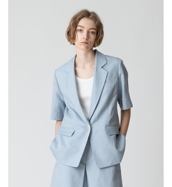 allureville「【セットアップ対応可能】リネンコンシャークスキンハーフスリーブジャケット」|テーラードジャケット|サックス