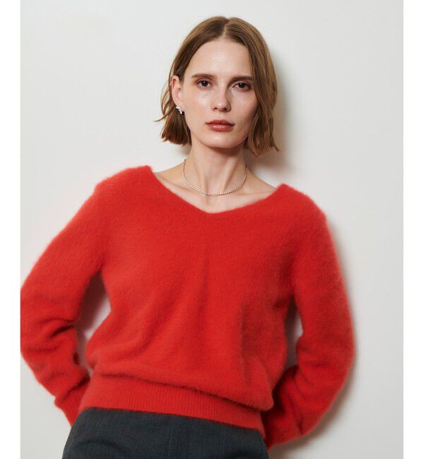 allureville「カシミヤブレンドファー加工Ｖプルオーバー」|ニット・セーター|オレンジ