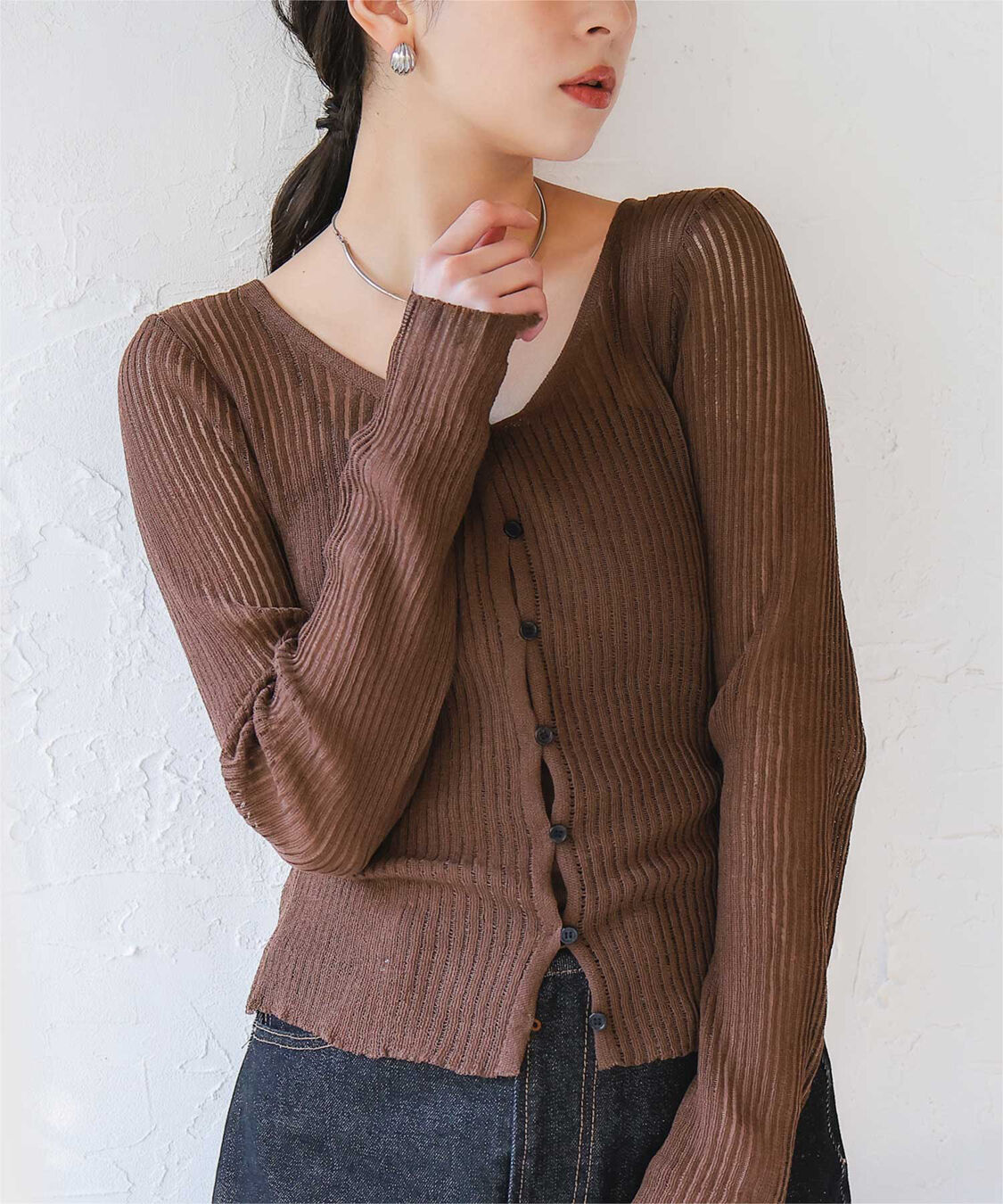 titivate「UVケア/ウォッシャブルシアーリブニットカーディガン」|カーディガン|ブラウン