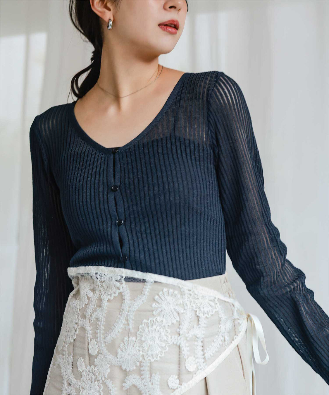 titivate「UVケア/ウォッシャブルシアーリブニットカーディガン」|カーディガン|ネイビー