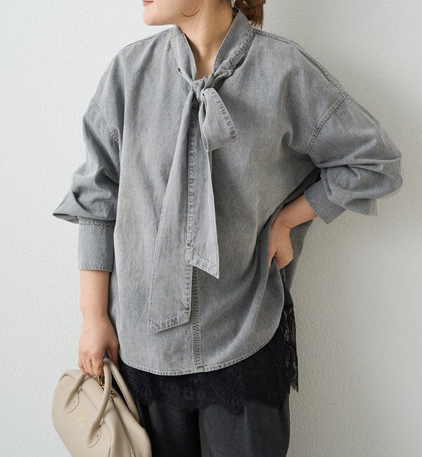  「デニムリボンタイブラウス」|プルオーバー|グレー
