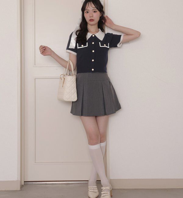  「金ボタン配色衿ニットトップス」|ニット・セーター|