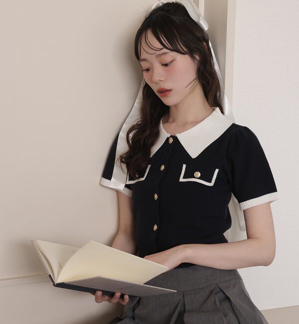  「金ボタン配色衿ニットトップス」|ニット・セーター|