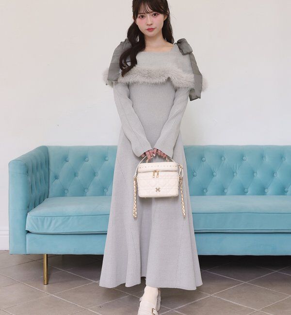  「リボン取り外し可能オフショルファーニットワンピース」|ワンピース|