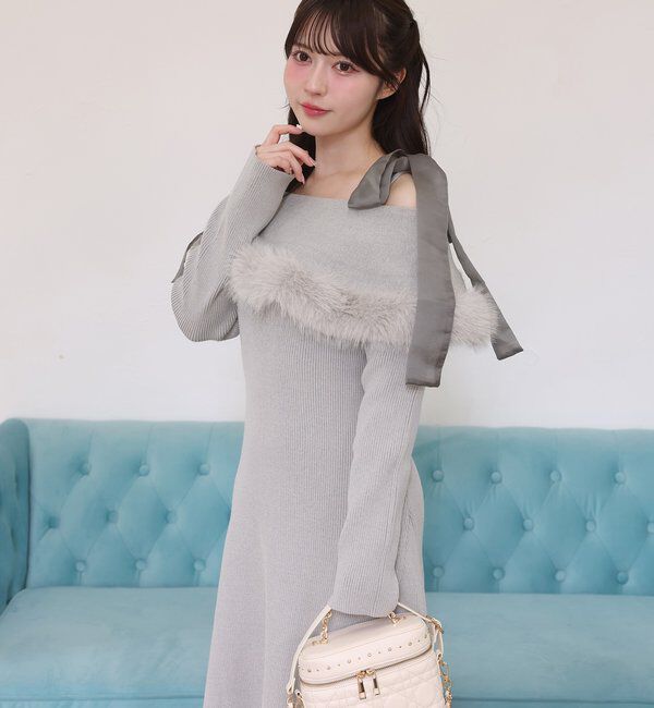  「リボン取り外し可能オフショルファーニットワンピース」|ワンピース|