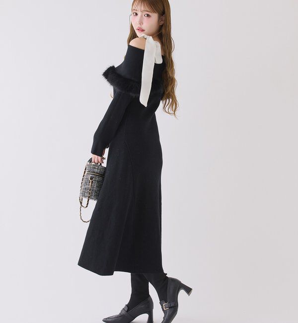  「リボン取り外し可能オフショルファーニットワンピース」|ワンピース|