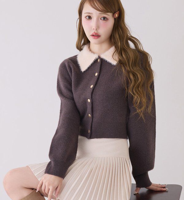  「シャギー襟配色ポロニット」|ニット・セーター|ブラウン