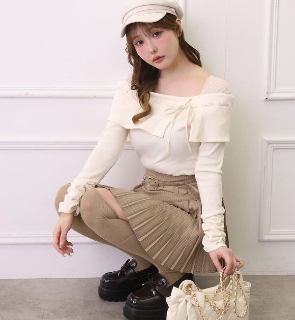  「配色リボンオフショルトップス」|プルオーバー|