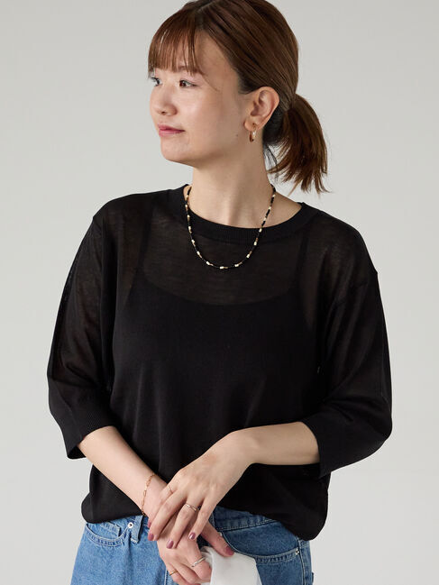 Lugnoncure「【接触冷感】クルーネックハーフスリーブニット」|ニット・セーター|ブラック