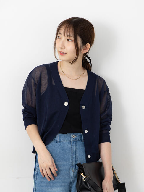 Te chichi TERRASSE「ビジュー付きシアーVネックカーディガン」|カーディガン|ネイビー