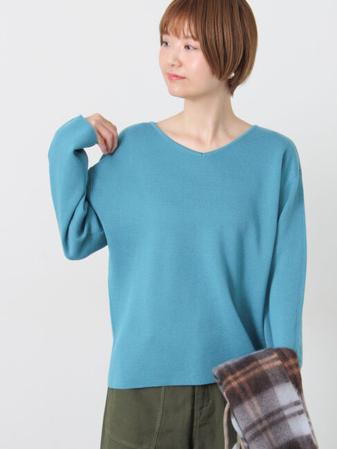 Lugnoncure「ミラノリブ配色Vネックニット」|ニット・セーター|ブルー