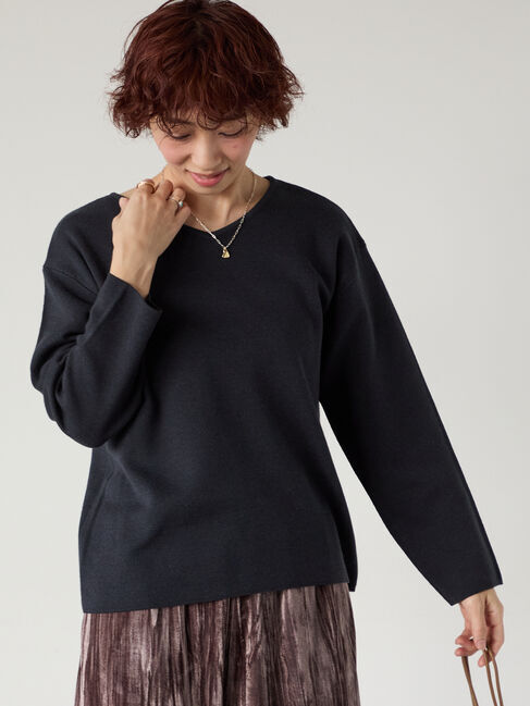 Lugnoncure「ミラノリブ配色Vネックニット」|ニット・セーター|チャコールグレー