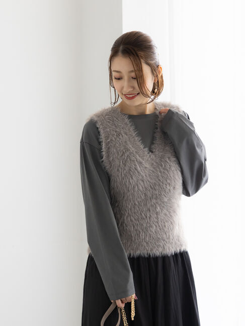 Te chichi「シャギーヤーンVネックベスト」|ダウンベスト・ベスト|モカ