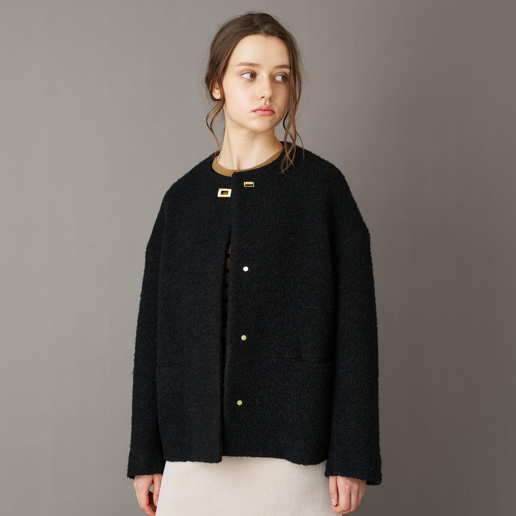 DRESSTERIOR「ループヤーンショートジャケット」|ノーカラーコート|ブラック(019)
