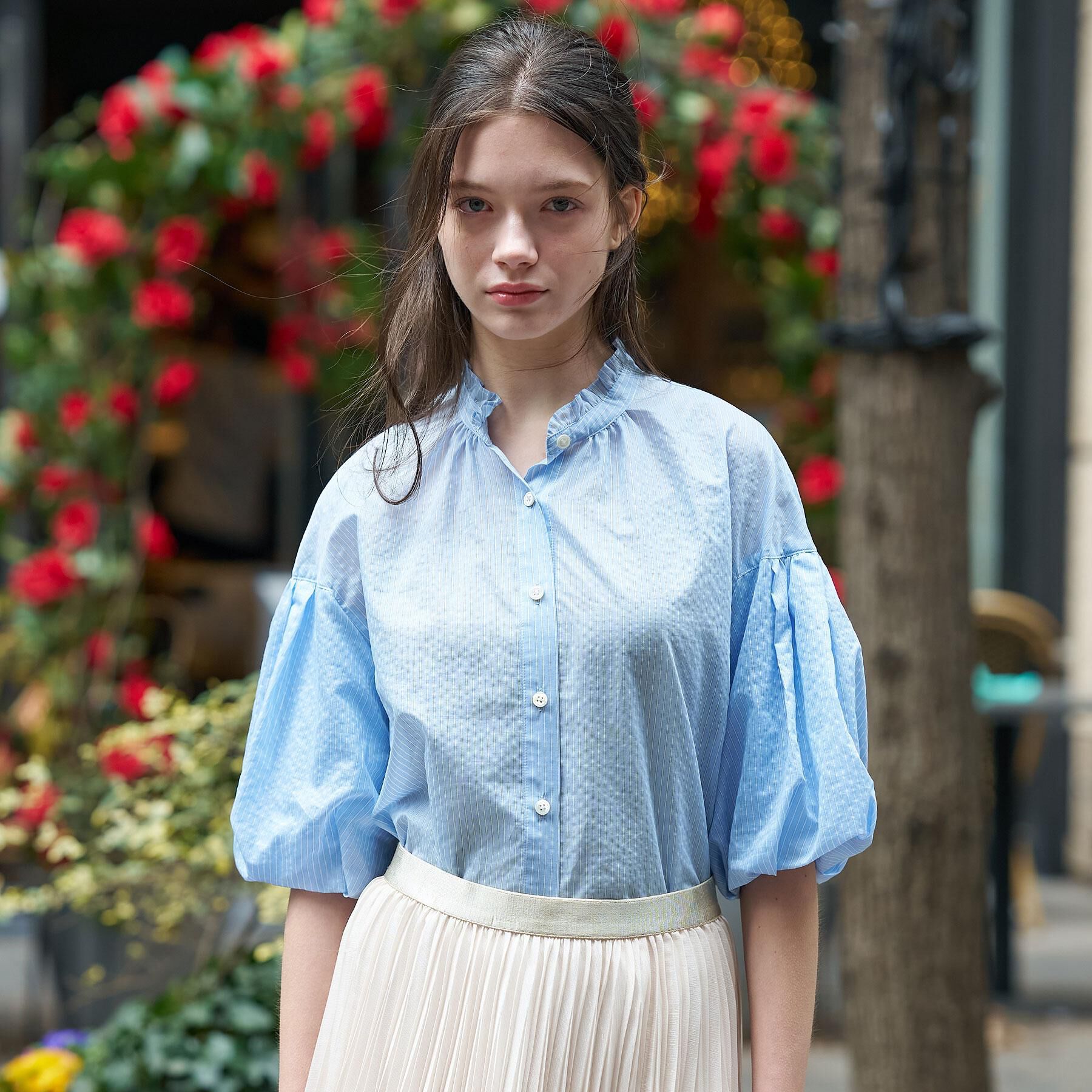 DRESSTERIOR「【1枚で着映え/ウォッシャブル】ストライプスタンドフリルボリュームスリーブブラウス」|シャツ・ブラウス|