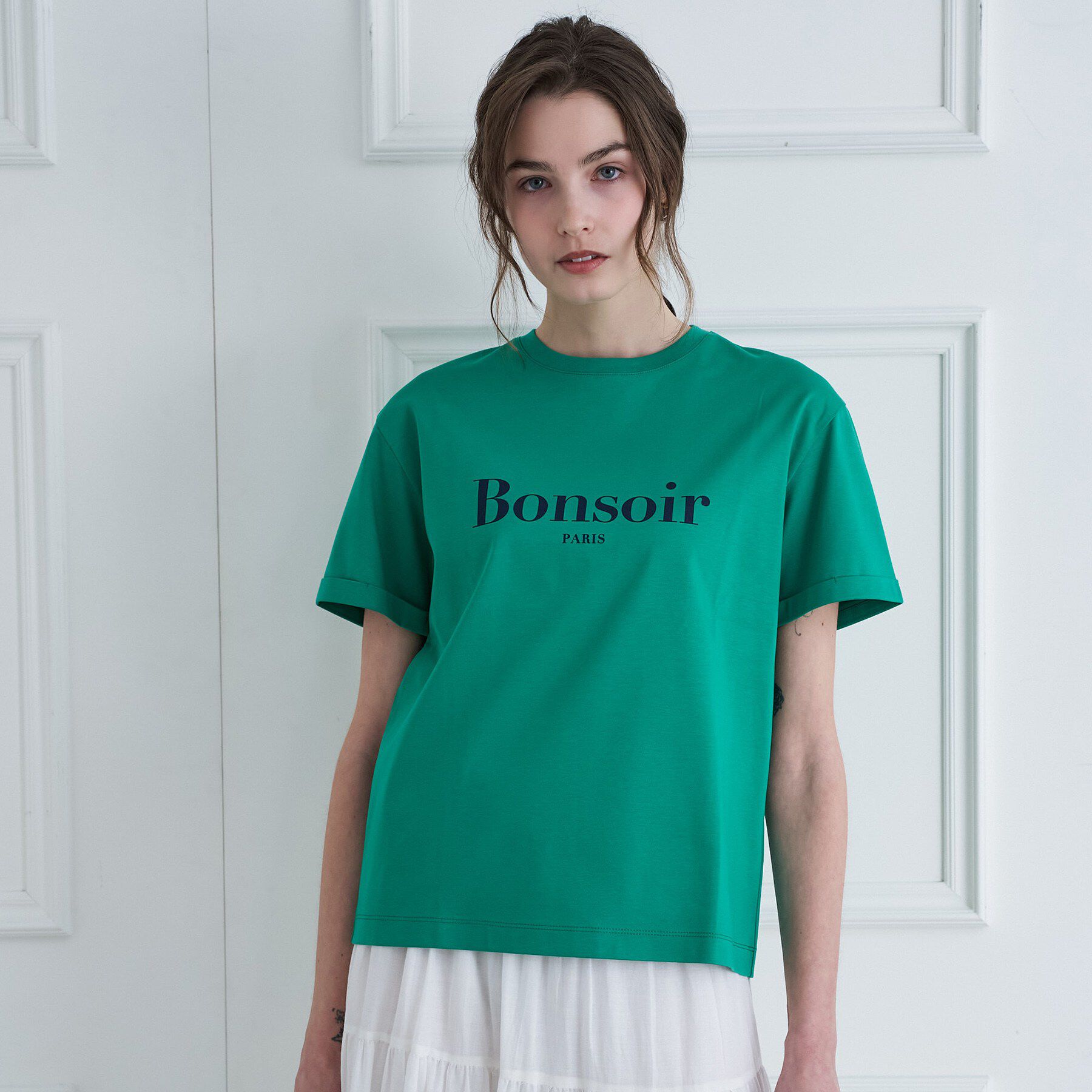 DRESSTERIOR「【接触冷感／抗菌防臭／消臭】アイスクリアコットン Bonsoir ロゴTシャツ」|Tシャツ・カットソー|