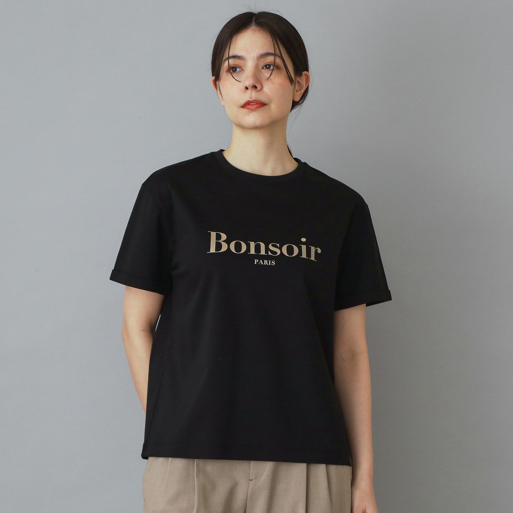 DRESSTERIOR「【接触冷感／抗菌防臭／消臭】アイスクリアコットン Bonsoir ロゴTシャツ」|Tシャツ・カットソー|ブラック(019)