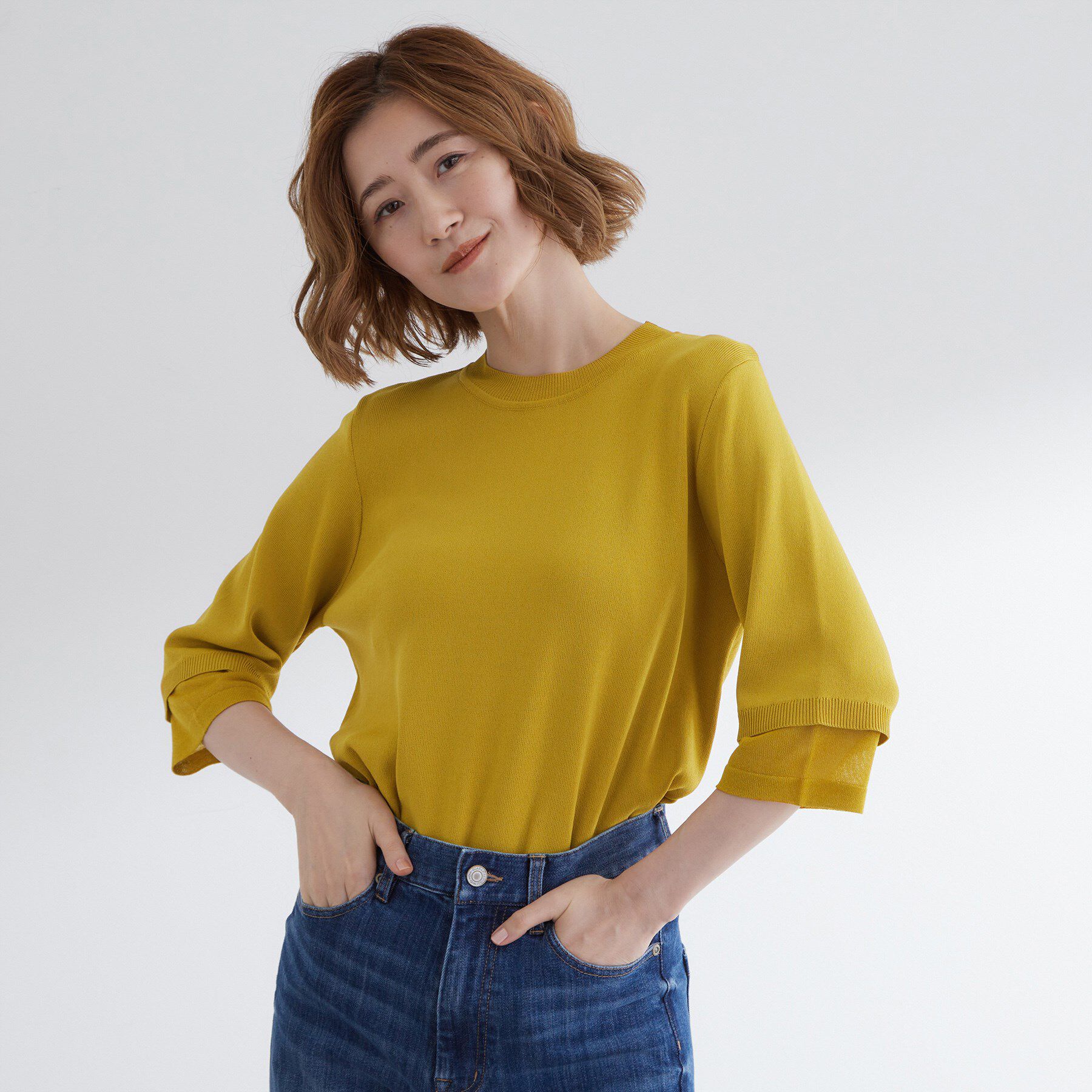 grove「【ひんやり多機能】やわらかドライタッチ 袖口シアードッキングプルオーバー」|ニット・セーター|イエロー(032)