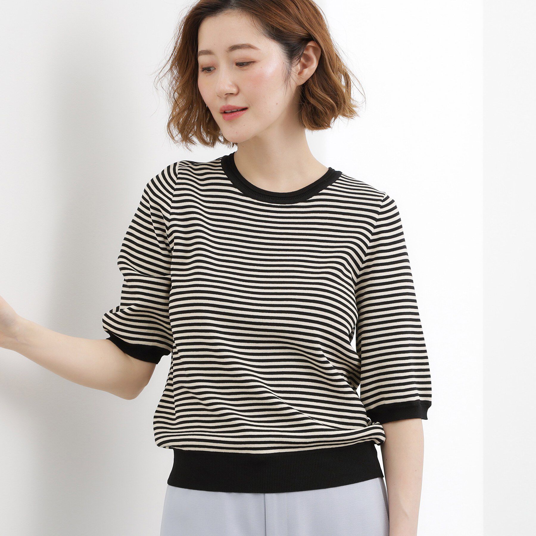 grove「【貴島明日香さん着用・シリーズ累計34万枚】やわらかドライタッチ 五分袖クルーネックニット」|ニット・セーター|