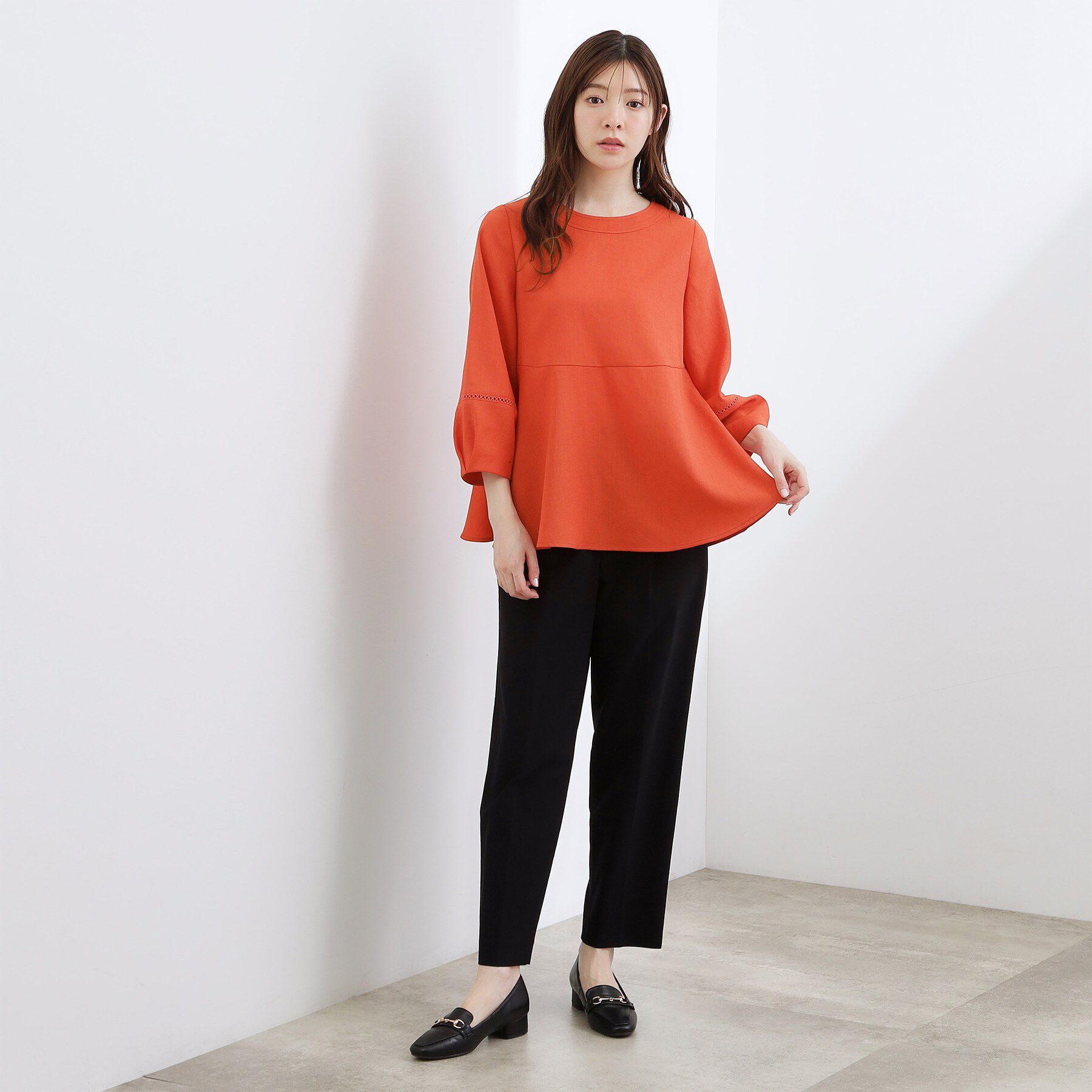 grove「【体型カバーも叶う】麻調メッシュランタンスリーブブラウス」|シャツ・ブラウス|