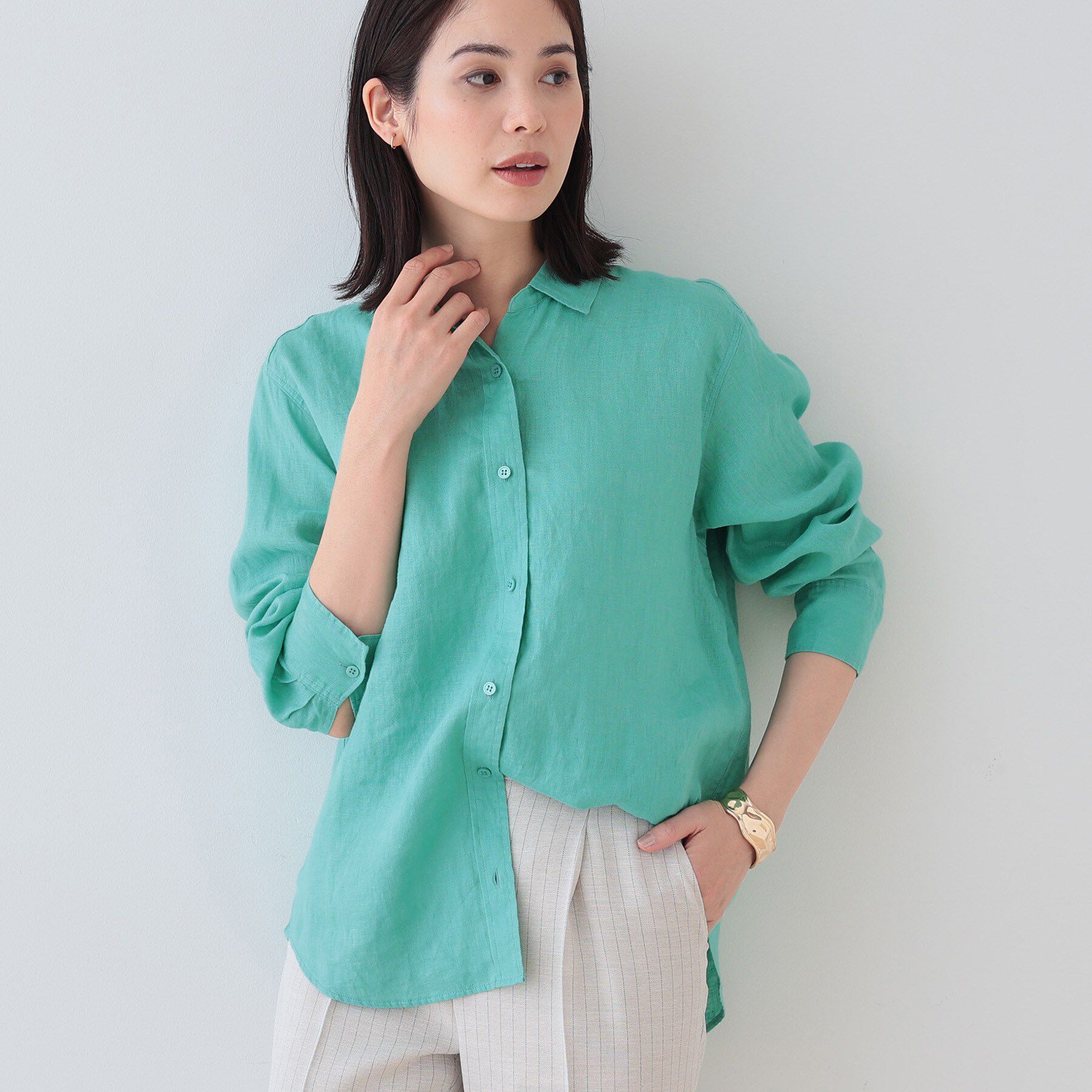 INDIVI「【毎年人気！／フレンチリネン】ベーシックシャツ」|シャツ・ブラウス|グリーン(022)