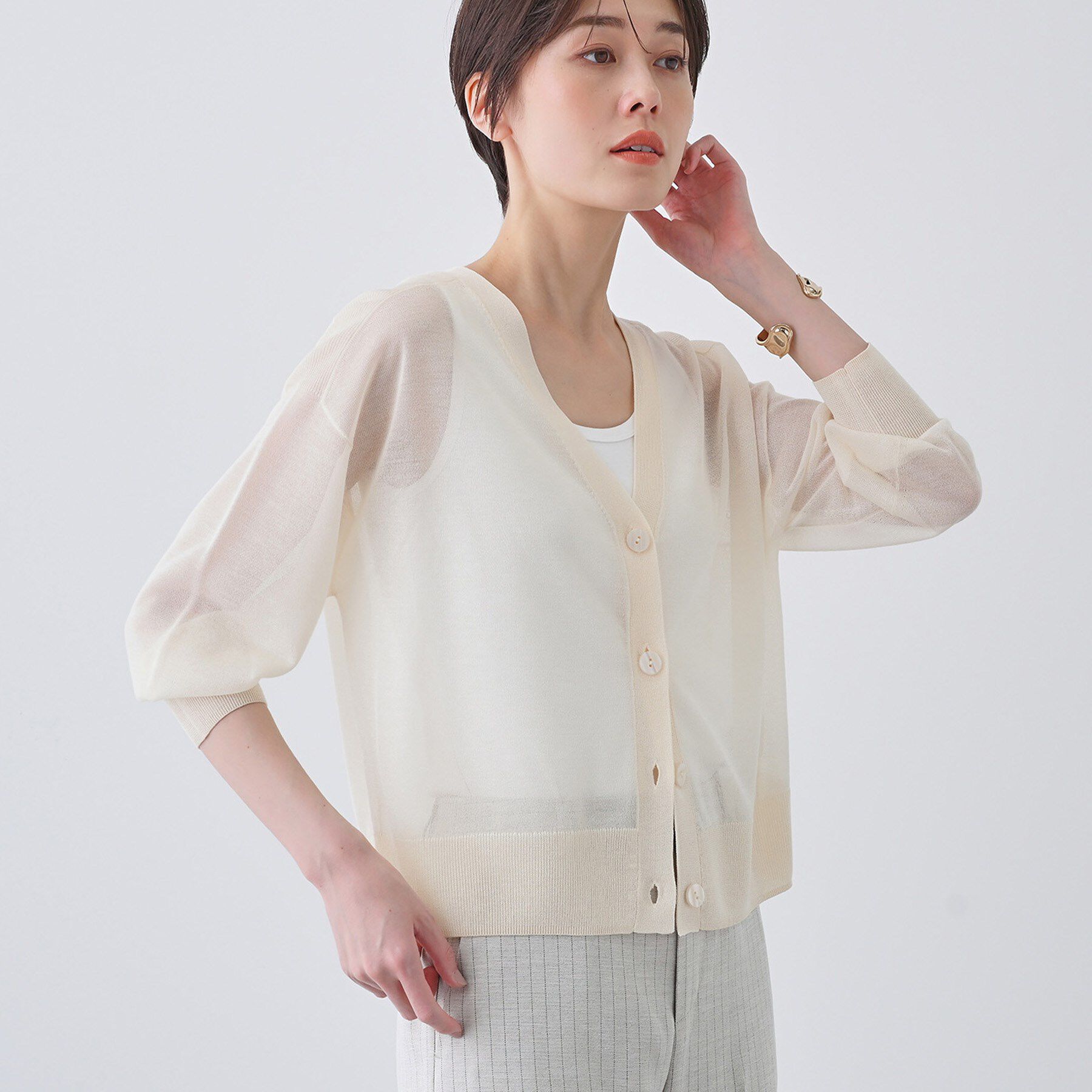 INDIVI「【大人シアーラメ】きれいめニットカーディガン」|カーディガン|オフホワイト(003