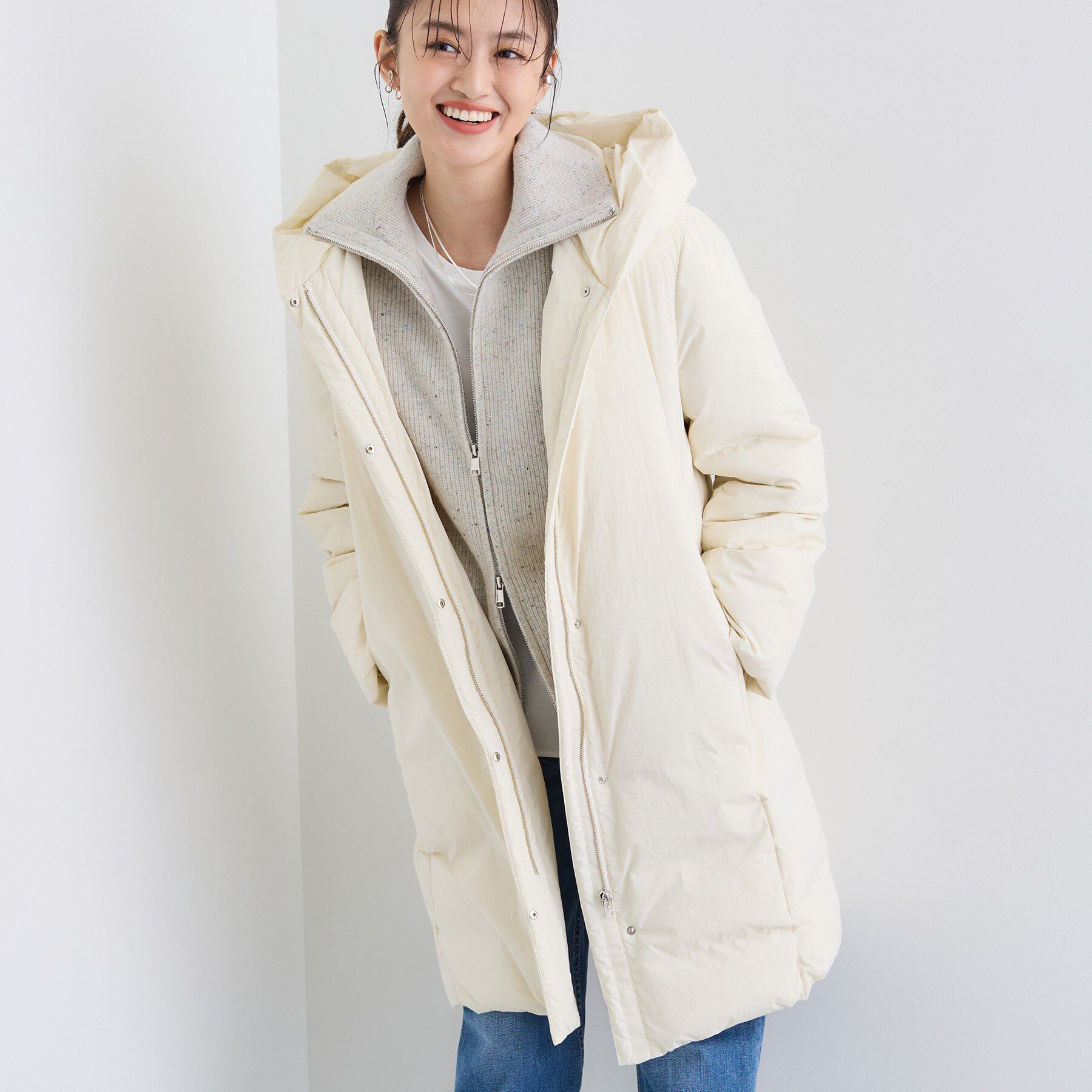 INDIVI「【撥水／洗える】ステッチレス ロングダウンコート」|ダウン|アイボリー(004)