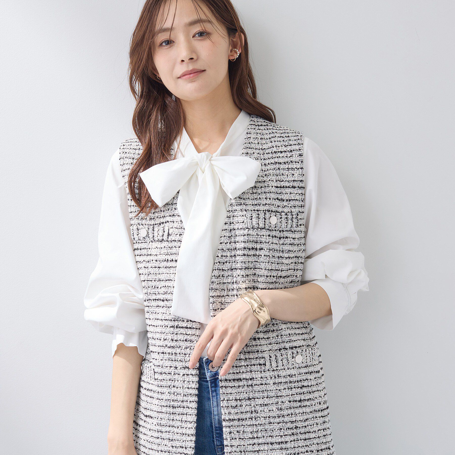 INDIVI「【2点セット／洗える】ツイードジレ＆ボウタイブラウス」|その他|