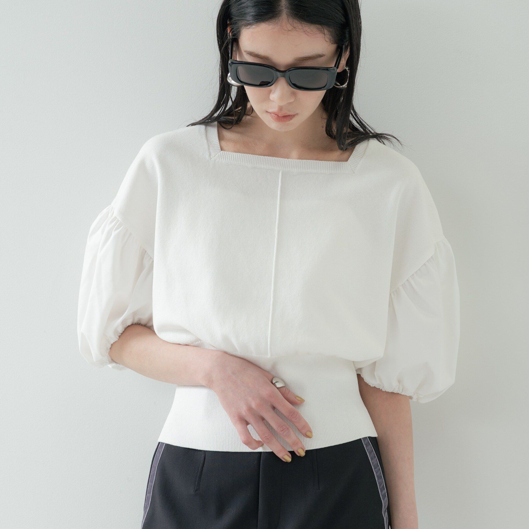 GALLEST「ドッキングパフスリーブニット」|ニット・セーター|ホワイト(001)