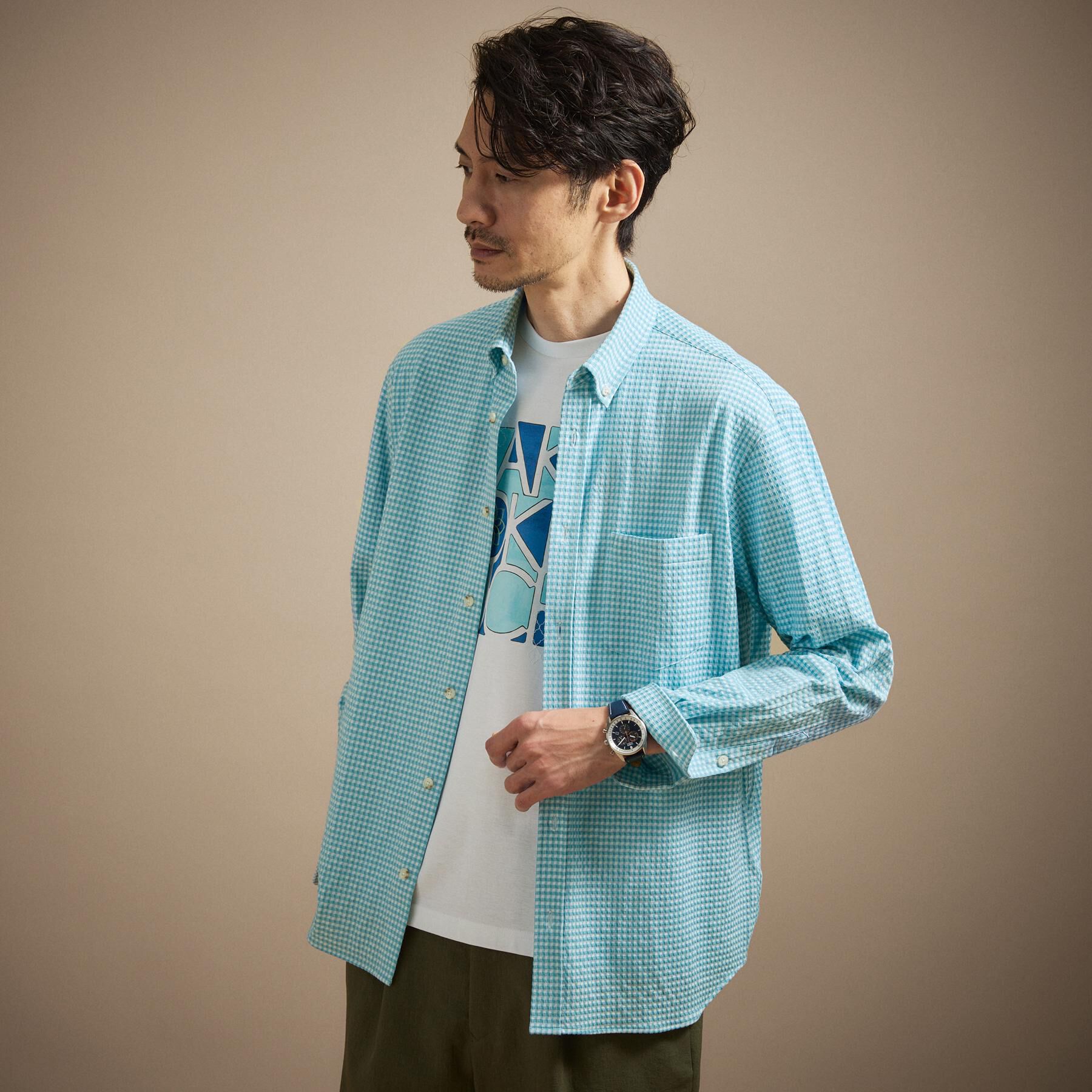 TAKEO KIKUCHI「シアサッカーギンガムチェック ストレッチシャツ」|シャツ・ブラウス|ブルー(292)