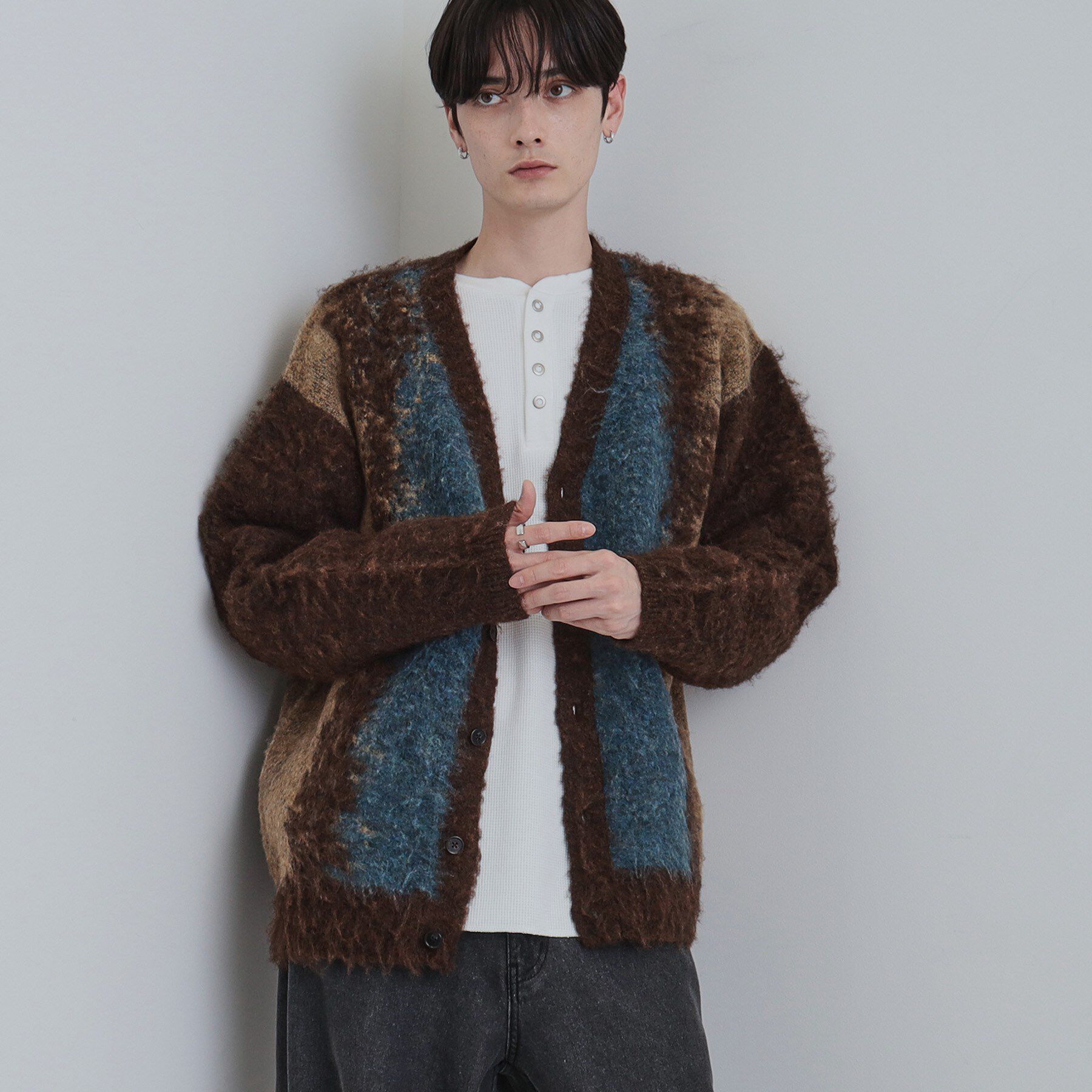 tk.TAKEO KIKUCHI「ボールドストライプシャギーニットVカーディガン」|カーディガン|