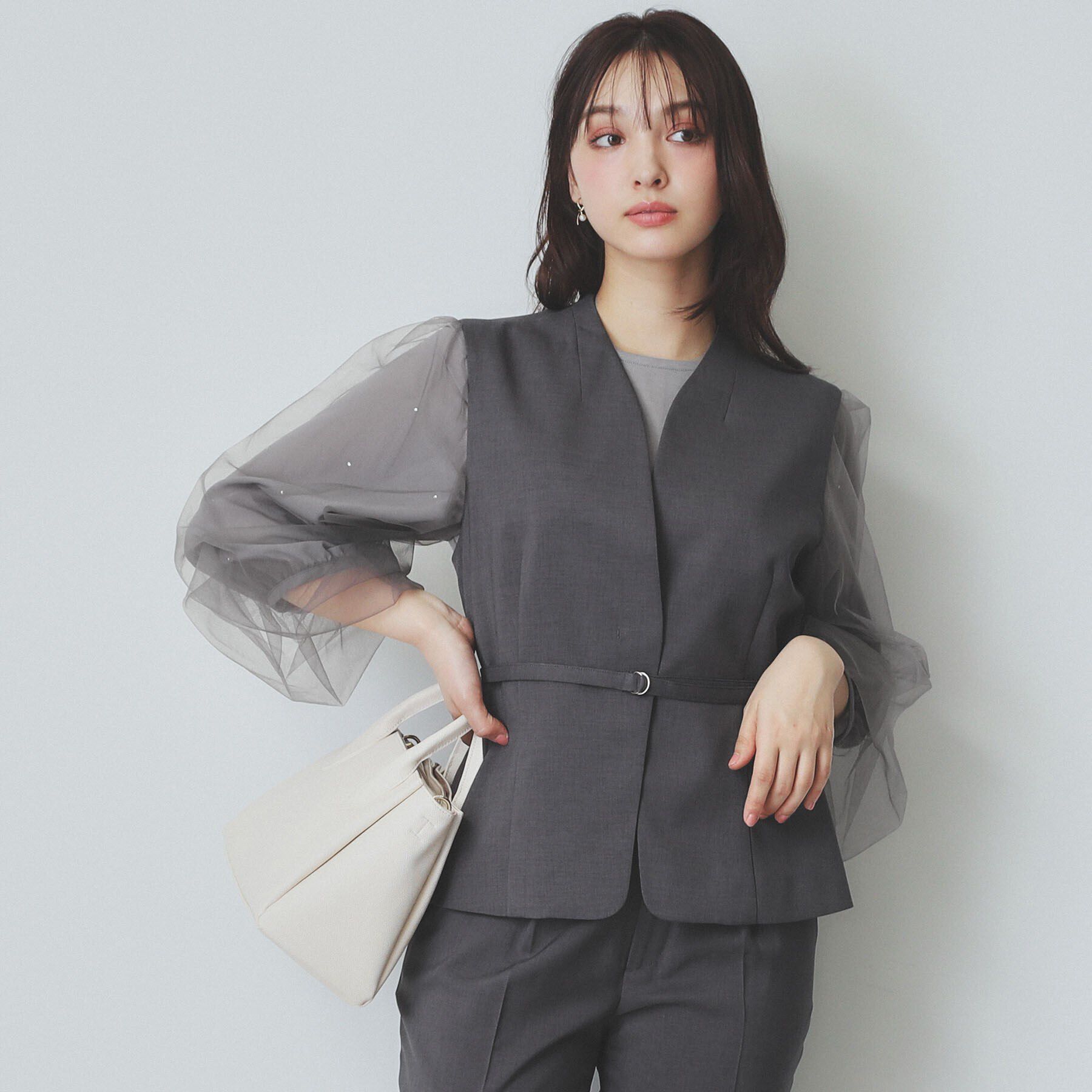 index「ドライタッチストレッチノーカラージレ/セットアップ対応【洗濯機洗い可/イージーアイロン】」|ベスト・ジレ|チャコールグレー(0