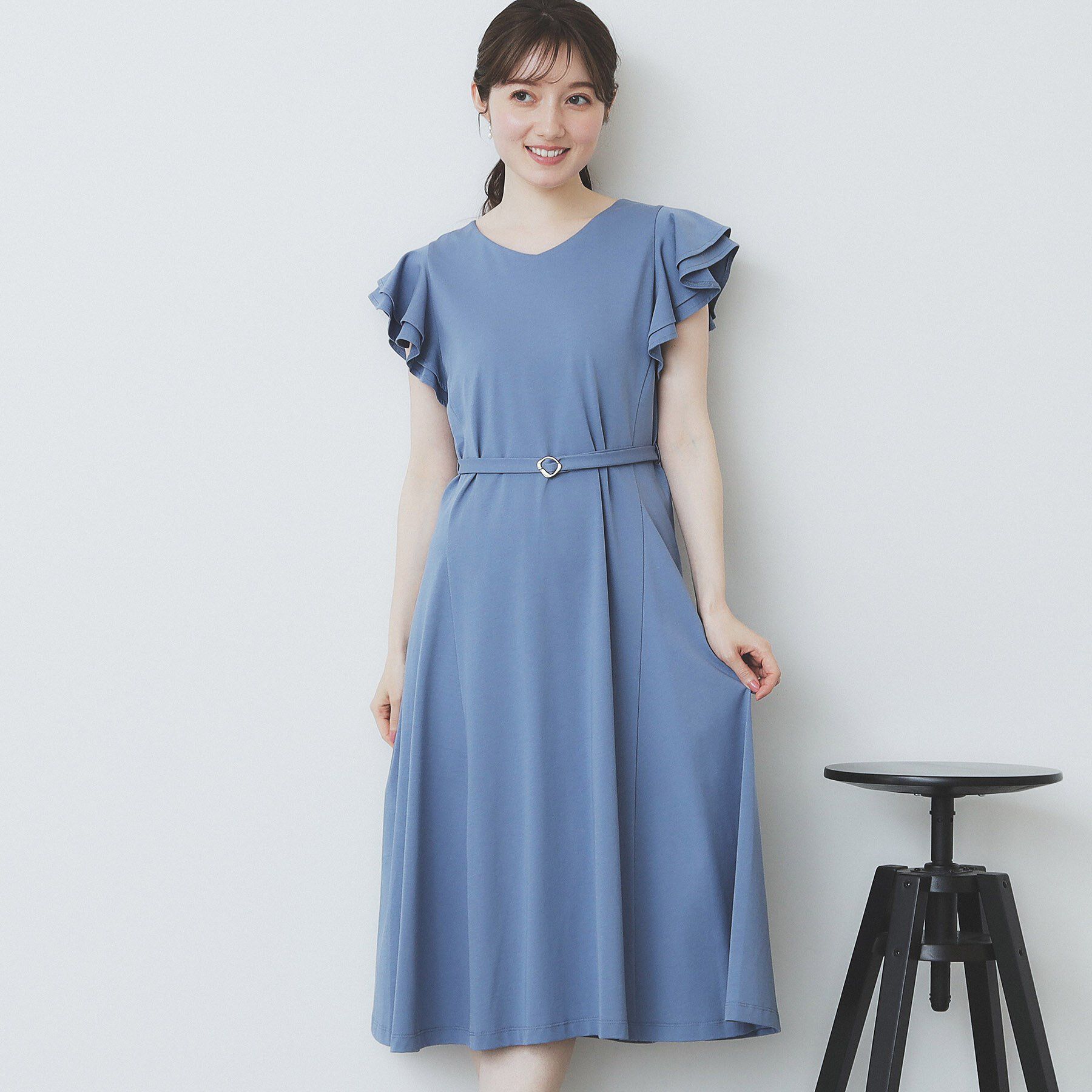 index「《5色展開/S-LLサイズ》シルケットVネックフレアワンピース【接触冷感/UVケア/洗濯機洗い可】」|ワンピース|ブルー(093)
