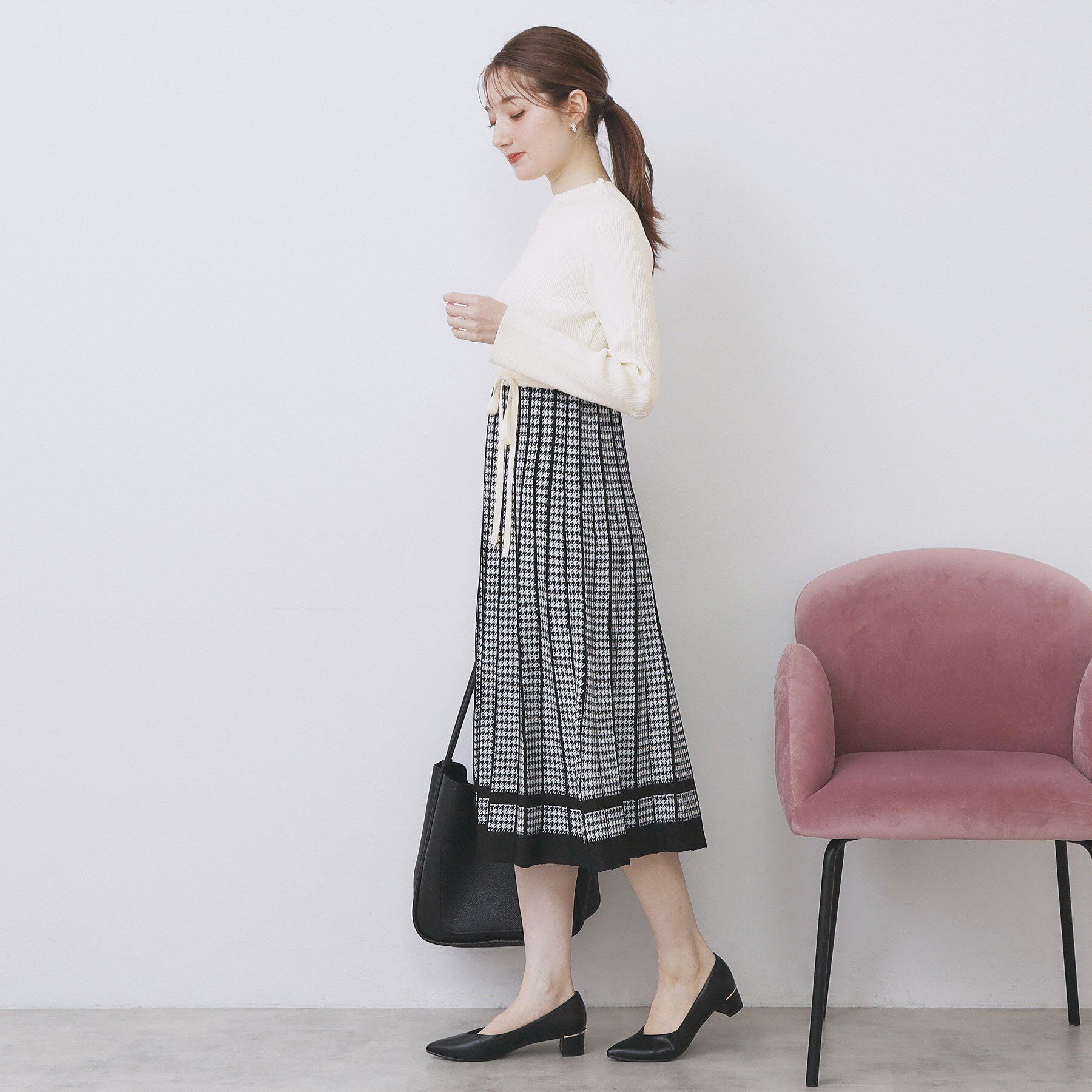 index「千鳥チェックバイカラーニットワンピース【洗濯機OK/抗ピル】」|ワンピース|