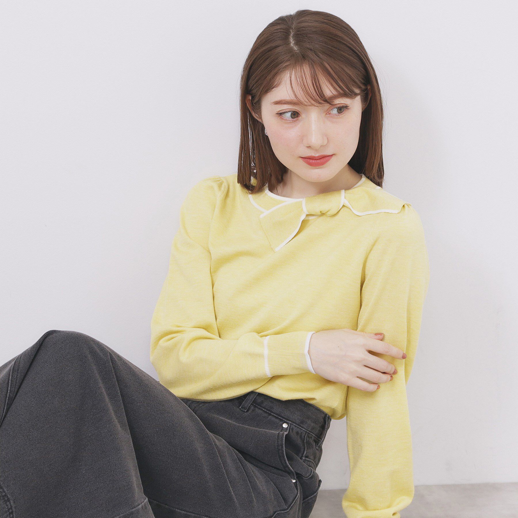 index「サイドリボンバイカラーニット【洗濯機OK】」|ニット・セーター|イエロー(531)