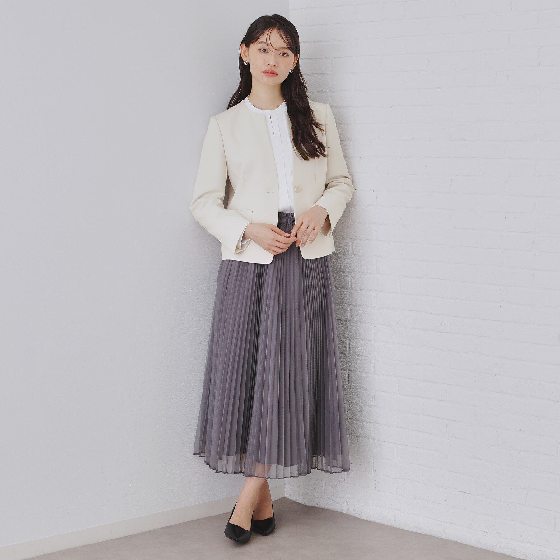 OPAQUE.CLIP「《通勤・セレモニーセットアップ対応》キーネックジャケットダブルクロス【洗濯機洗い可】」|ノーカラージャケット|