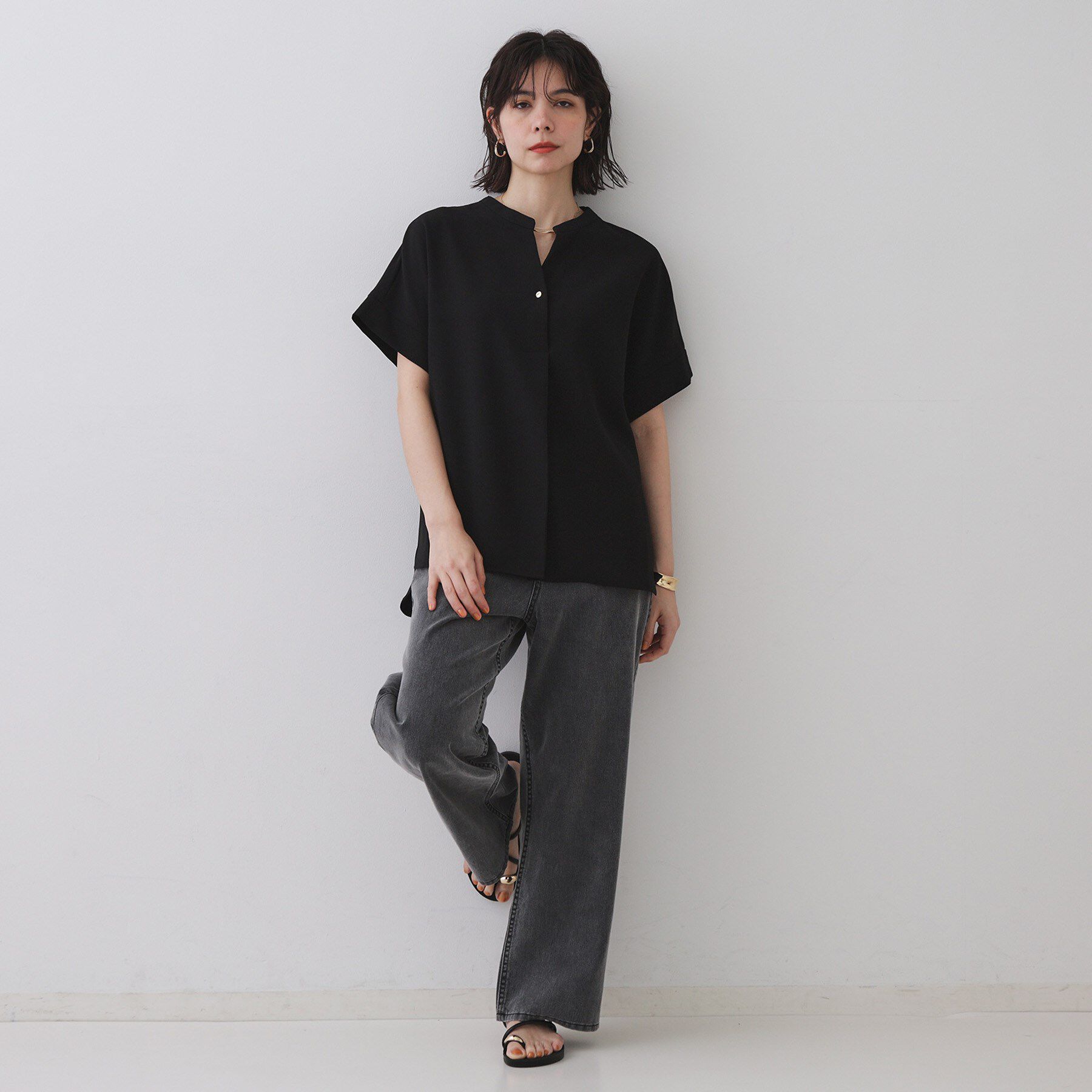 OPAQUE.CLIP「《5色展開/SS-LLサイズ》スキッパー金ボタンブラウス/セットアップ対応【防シワ/ストレッチ/洗濯」|シャツ・ブラウス|