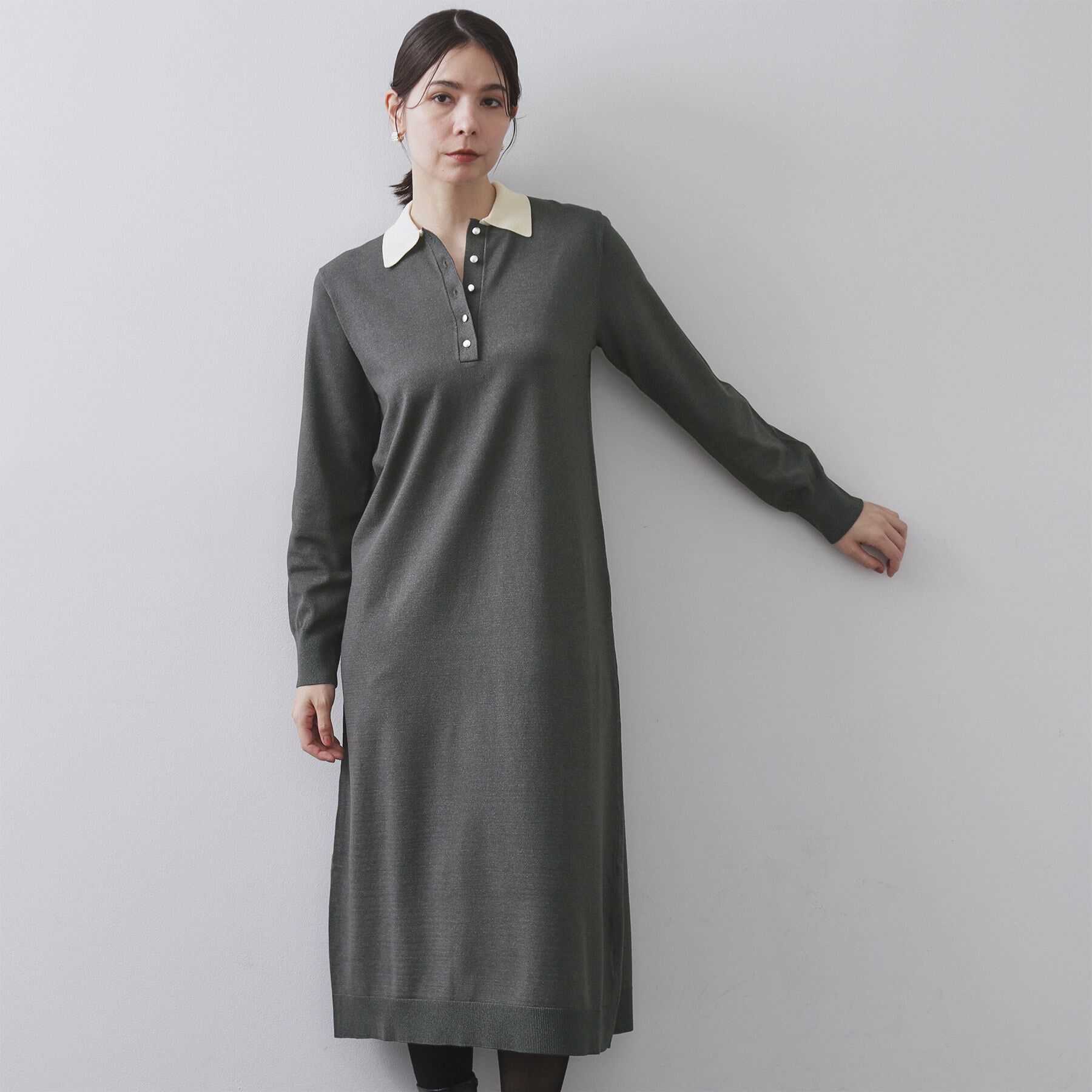 OPAQUE.CLIP「配色ポロ衿ニットワンピース【洗濯機OK】」|ワンピース|チャコールグレー(5