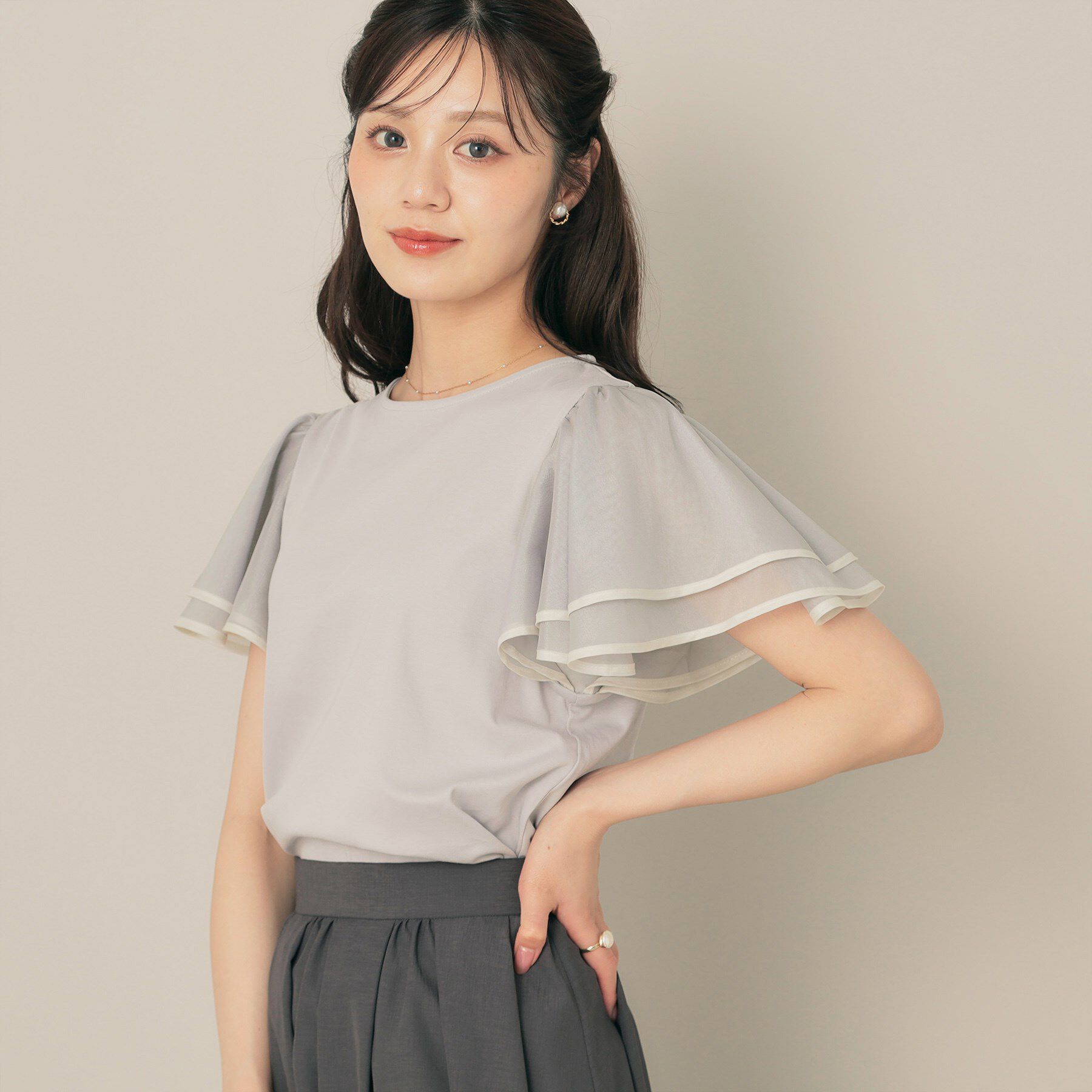 Couture broach「【マシンウォッシャブル・UVケア・接触冷感・二の腕カバー】配色フレアドッキングカットソー」|Tシャツ・カットソー|