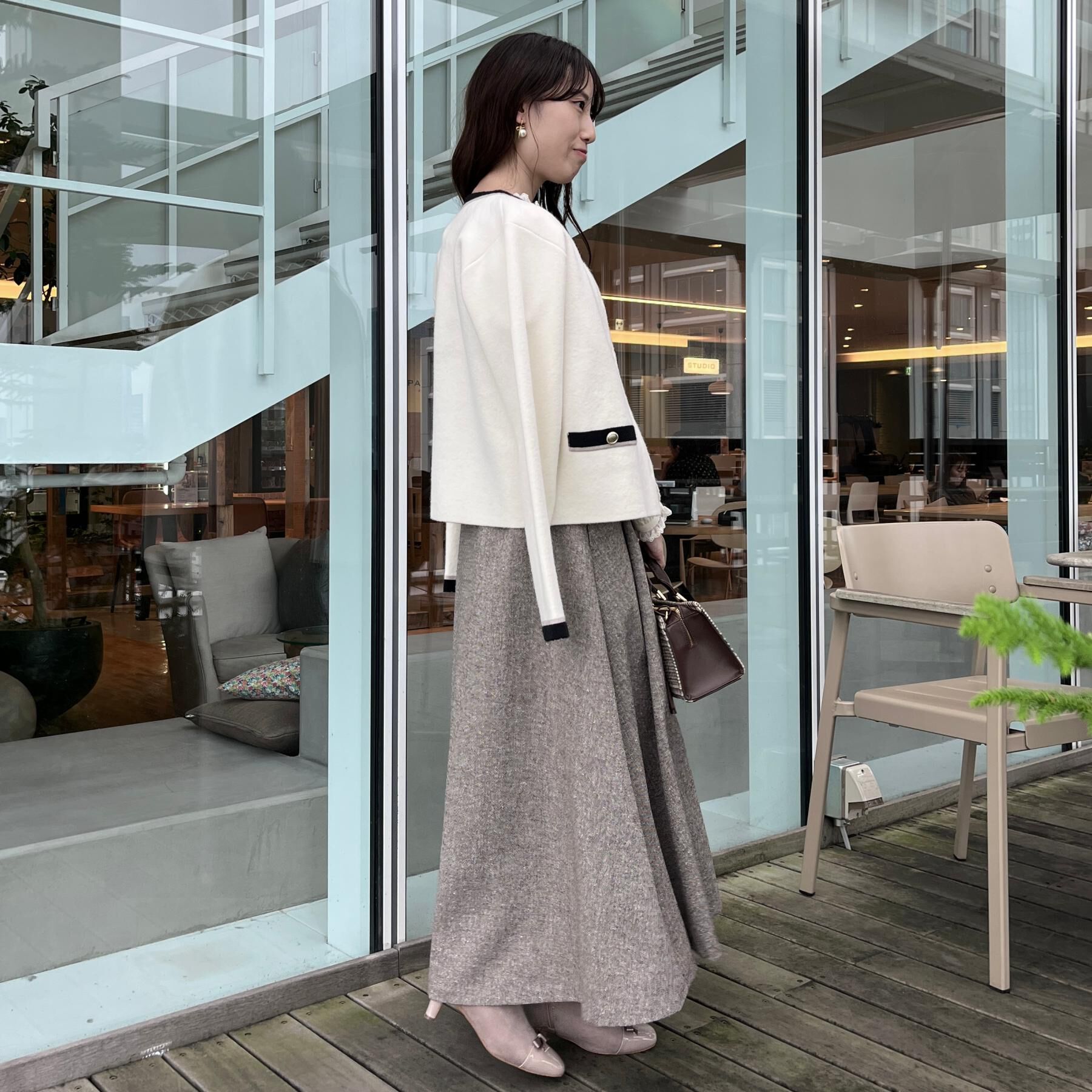 Couture broach「【通勤・大人上品】ムースタッチジャカード 配色スカラカーディ」|カーディガン|