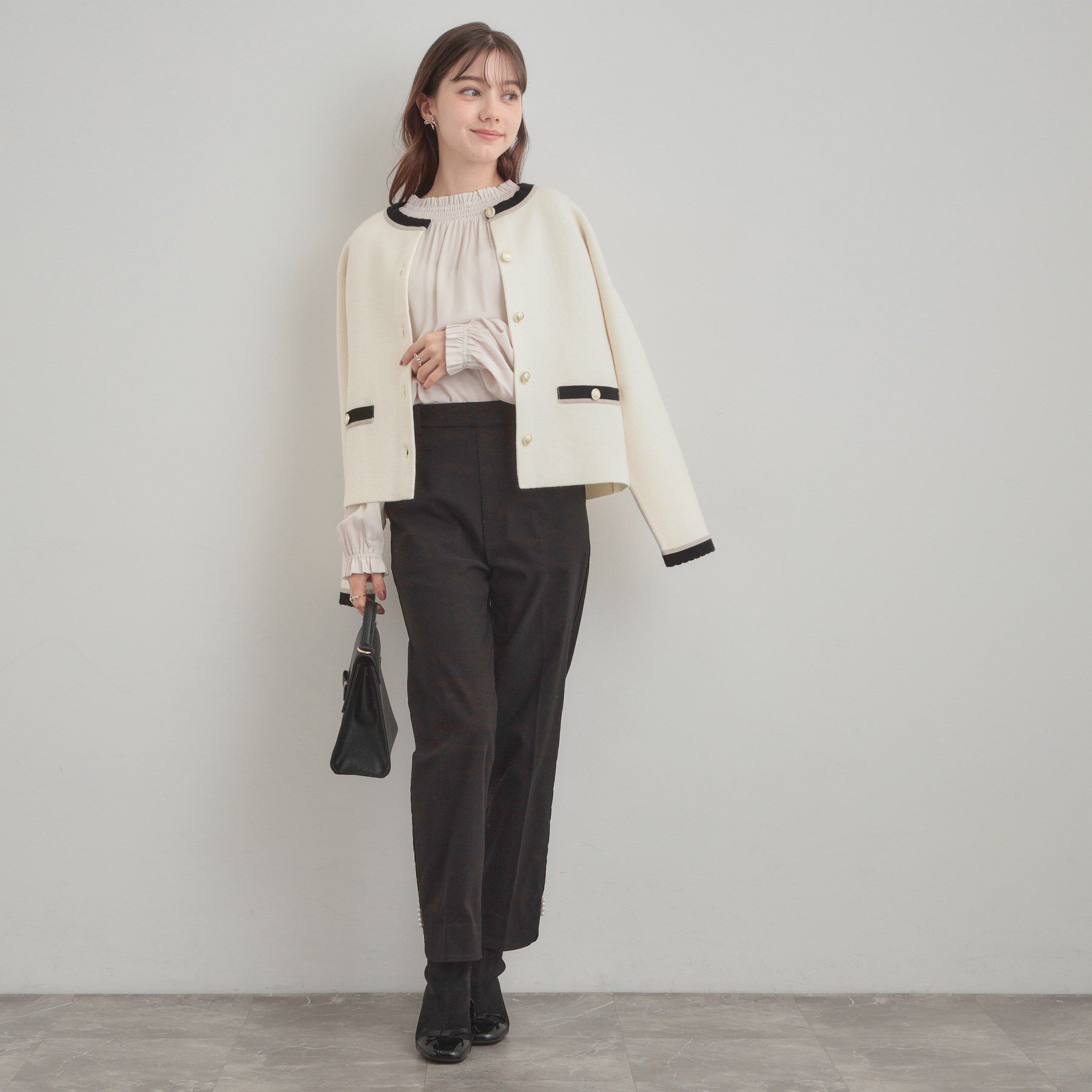 Couture broach「【通勤・大人上品】ムースタッチジャカード 配色スカラカーディ」|カーディガン|