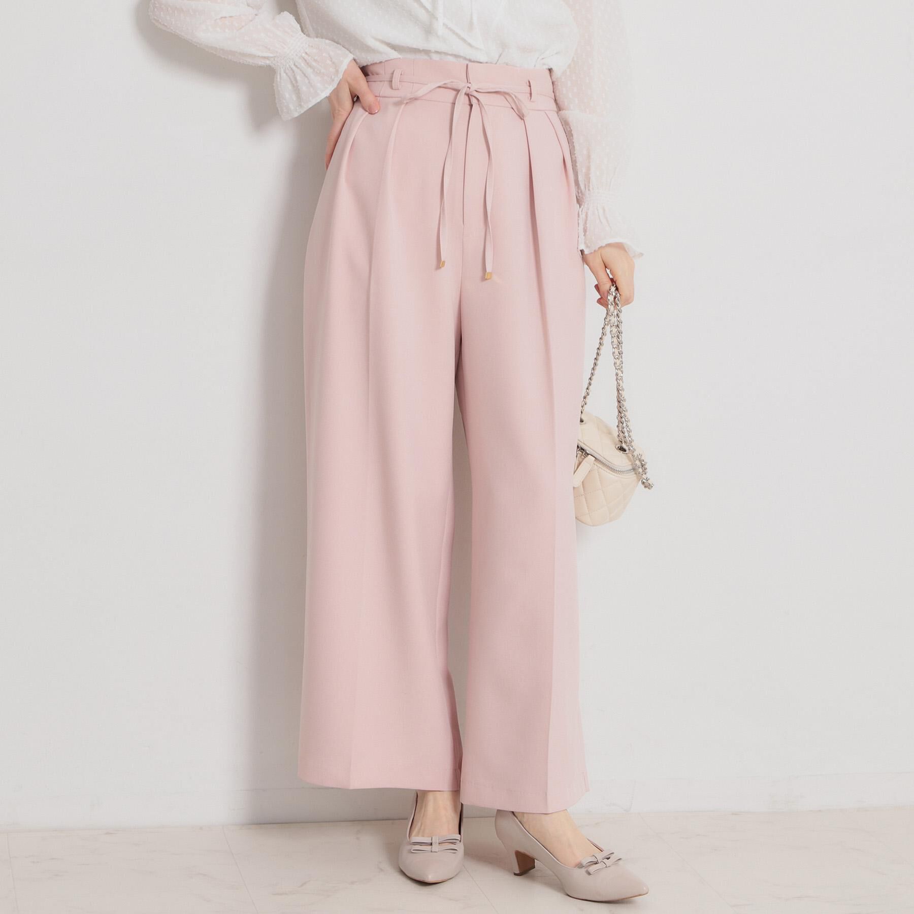 Couture broach「【洗える・S-LL】細リボンデザイン タックワイドパンツ」|その他|ライトピンク(070