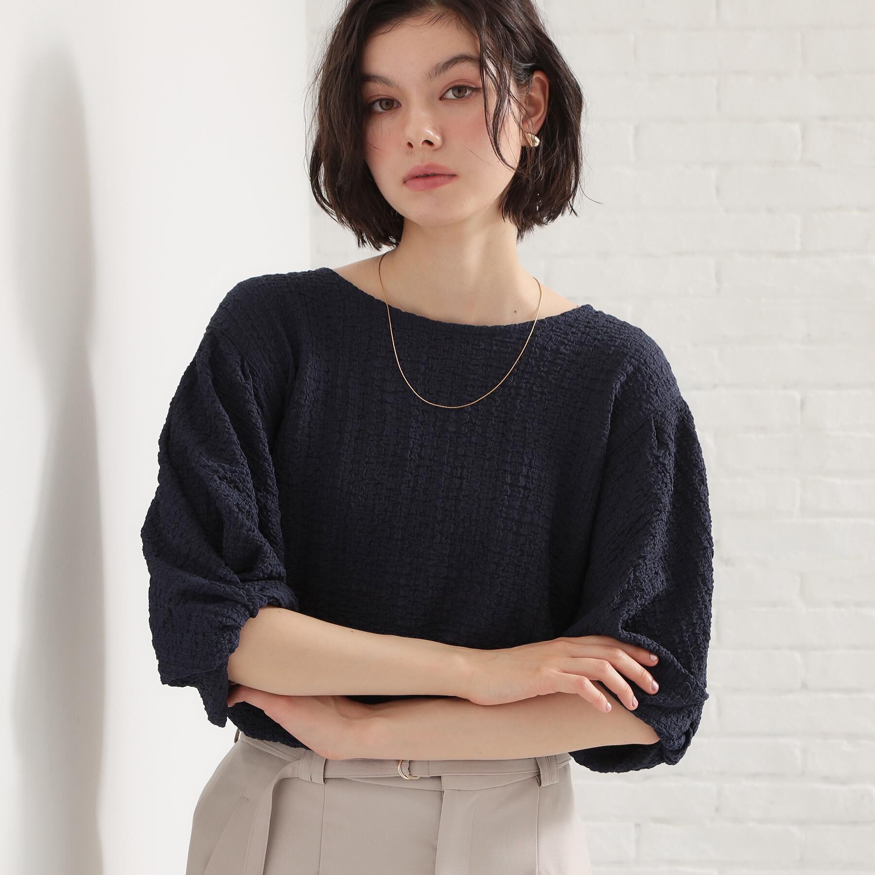 THE SHOP TK「ポコポコ袖タックプルオーバー　体型カバー/洗濯機OK」|Tシャツ・カットソー|ネイビー(094)