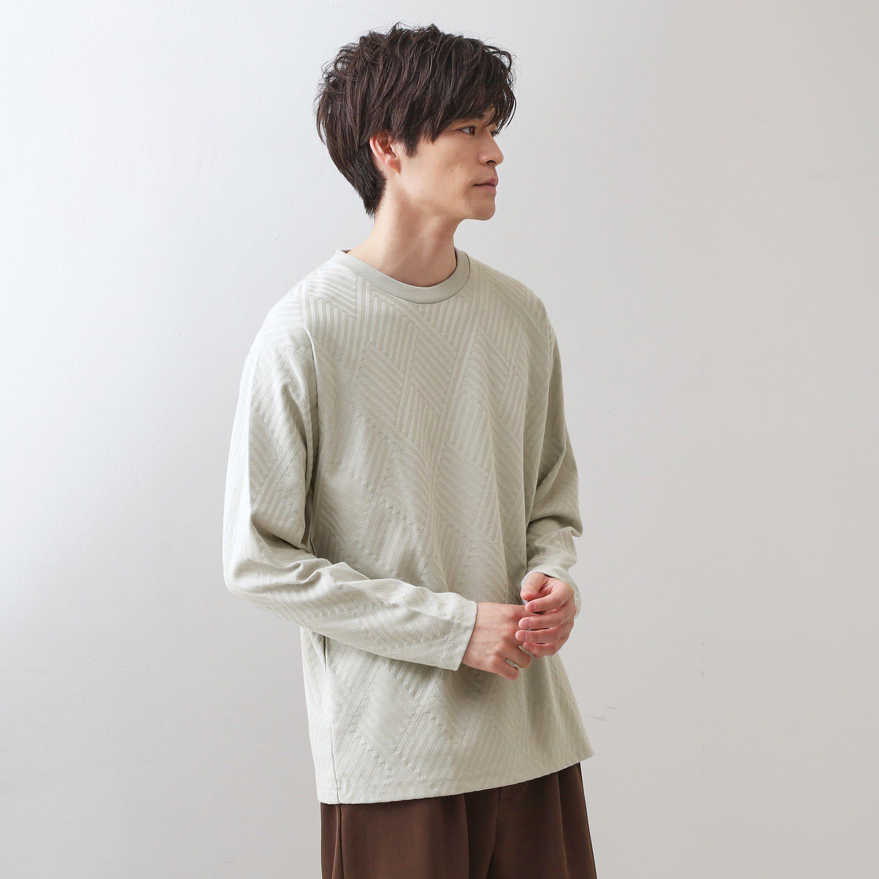 THE SHOP TK「リンクスジャカード長袖Tシャツ【サスティナブル素材使用/洗濯機OK】」|Tシャツ・カットソー|ライトグレー(011