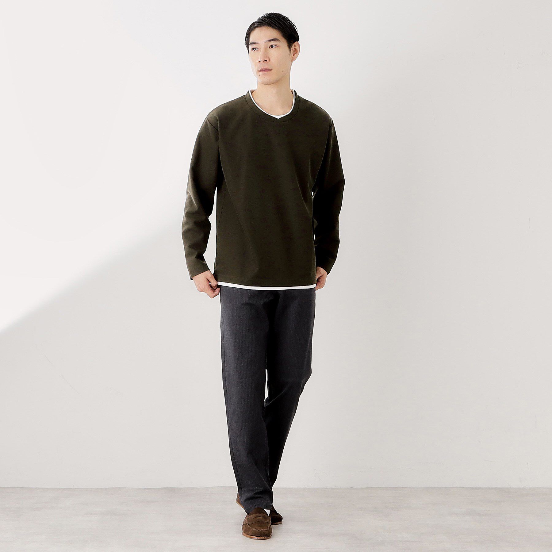 THE SHOP TK「【一枚でコーディネートが完成！】レイヤード風クルーネック長袖Tシャツ　洗濯機OK」|Tシャツ・カットソー|