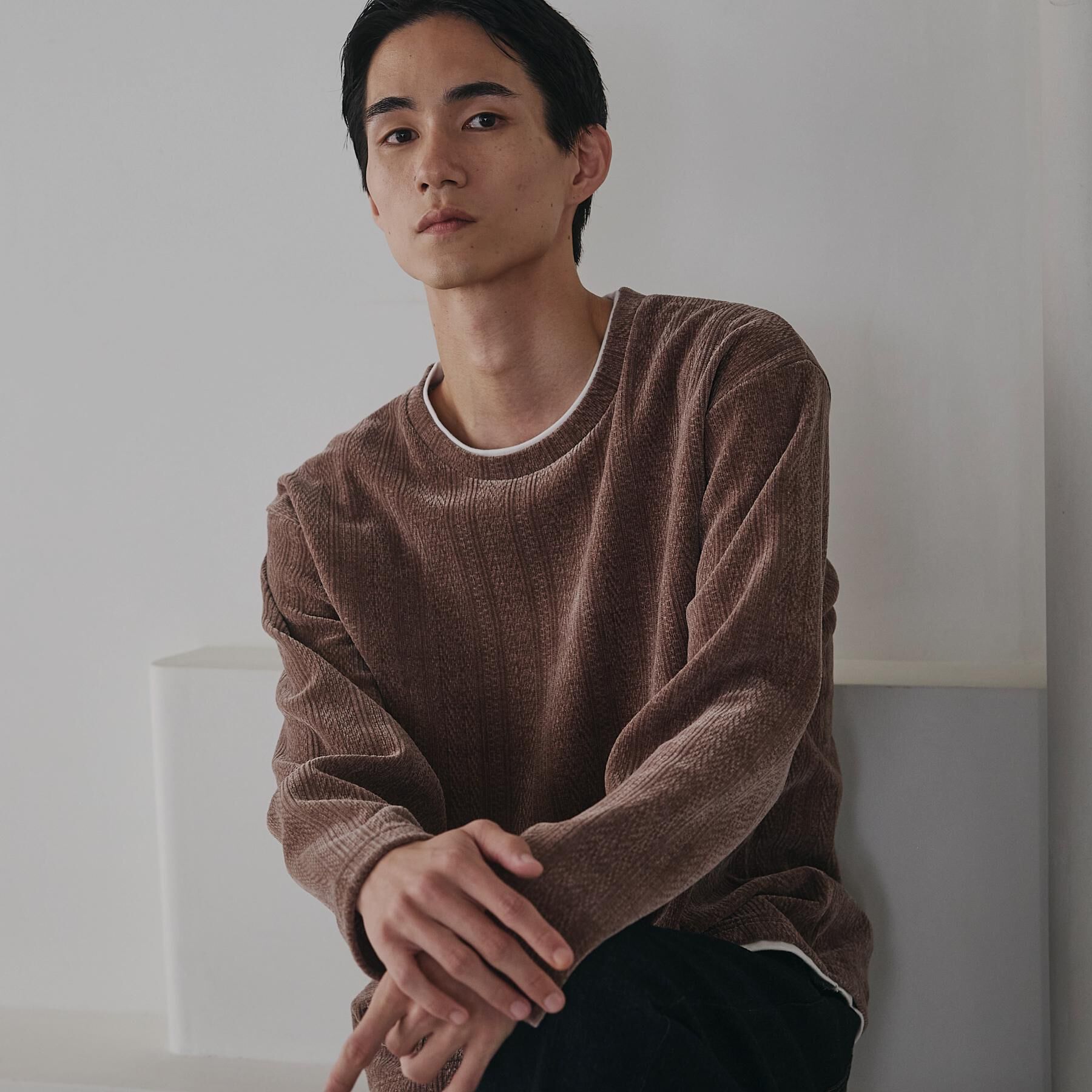 THE SHOP TK「【心地良い、滑らかさ】レイヤード風ケーブル ニットソー 【洗濯機OK】」|Tシャツ・カットソー|ブラウン(043)